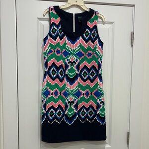 Gabby Skye Navy Shift Dress with Pink, Green & White Geometric Print